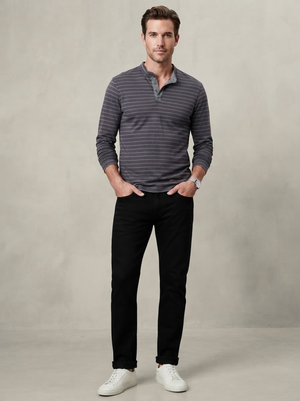 Banana Republic Men's Long-Sleeve Striped Henley - Charcoal and Light Gray